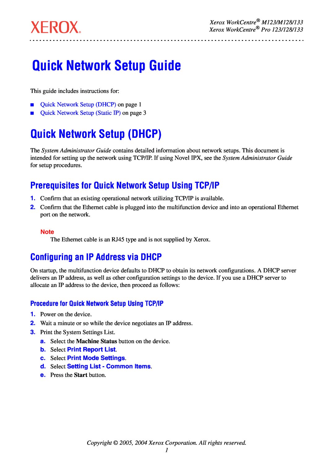 Xerox M123, M128, 133 Quick Network Setup Guide, Quick Network Setup DHCP, Procedure for Quick Network Setup Using TCP/IP 