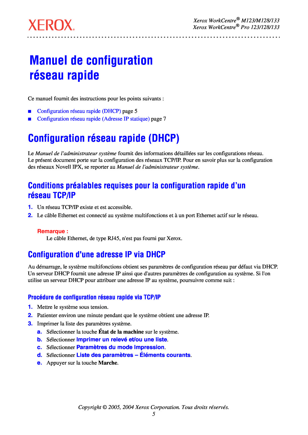 Xerox Manuel de configuration réseau rapide, Configuration réseau rapide DHCP, Xerox WorkCentre M123/M128/133, Remarque 