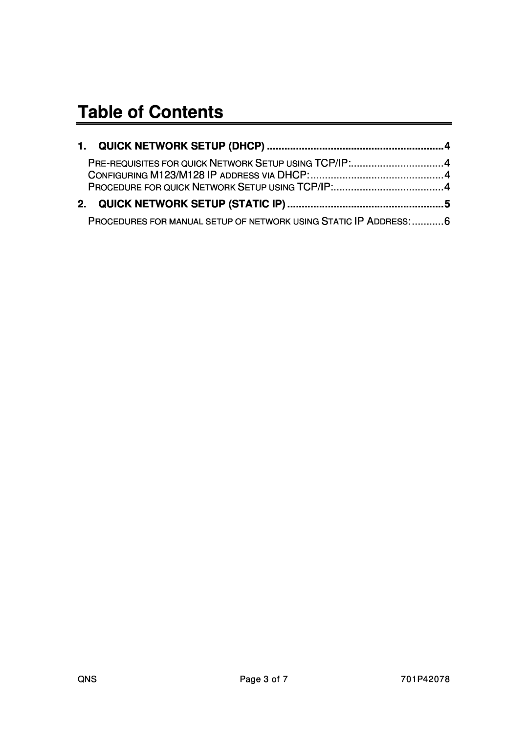 Xerox Page 3 of, 701P42078, Table of Contents, Quick Network Setup Dhcp, CONFIGURING M123/M128 IP ADDRESS VIA DHCP 