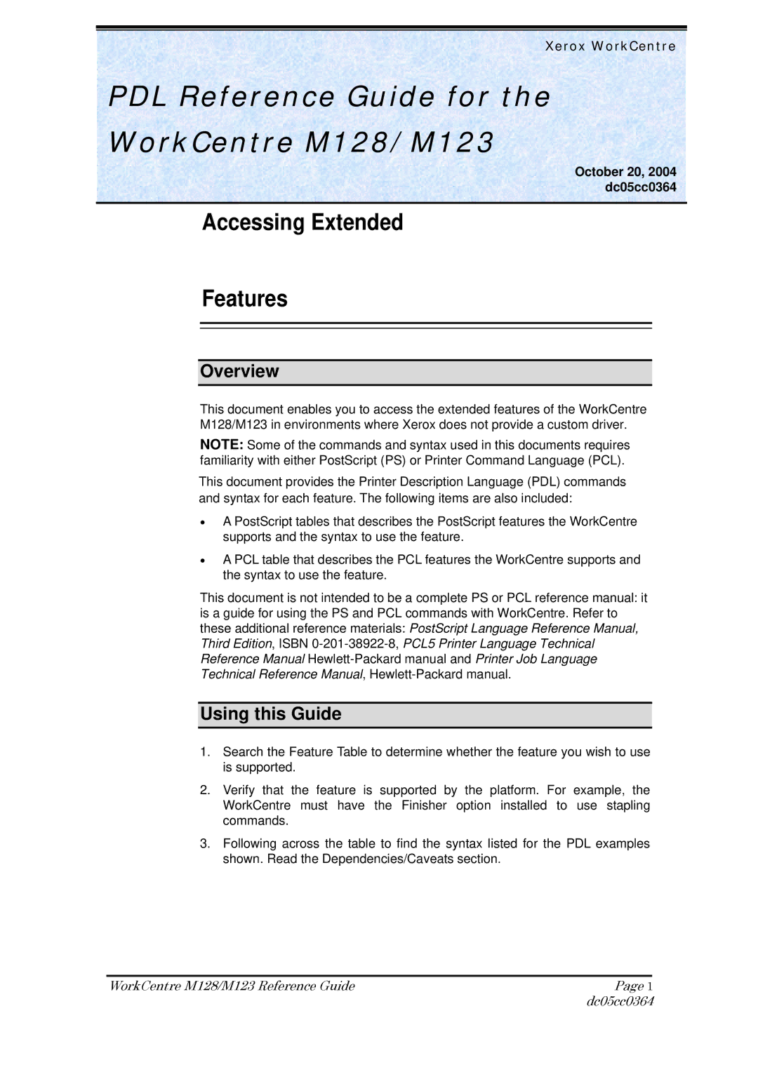 Xerox M128, M123 manual Overview, Using this Guide, October 20, 2004 dc05cc0364 