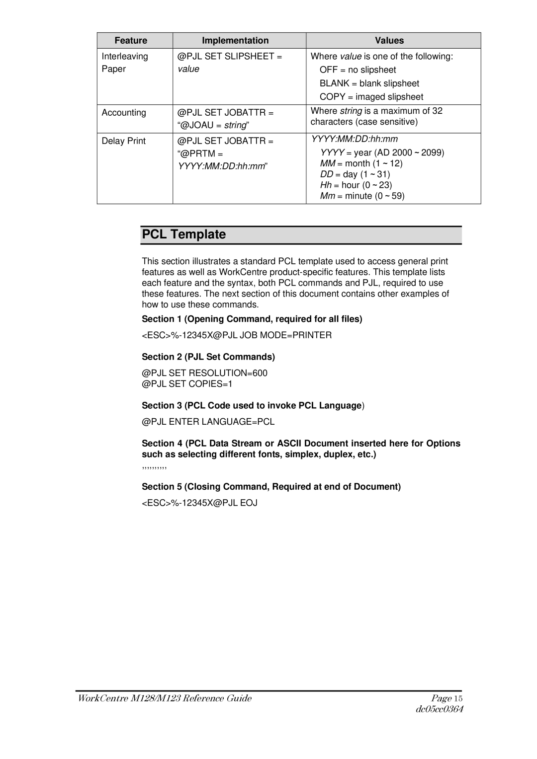 Xerox M128 PCL Template, Opening Command, required for all files, PJL Set Commands, PCL Code used to invoke PCL Language 