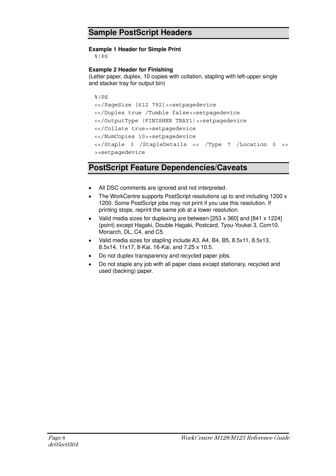 Xerox M123, M128 manual Sample PostScript Headers, PostScript Feature Dependencies/Caveats 