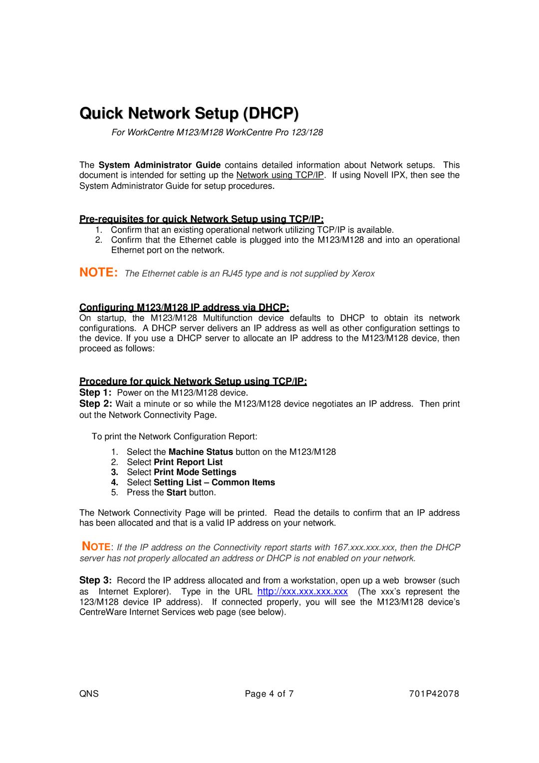 Xerox setup guide Quick Network Setup Dhcp, For WorkCentre M123/M128 WorkCentre Pro 123/128 