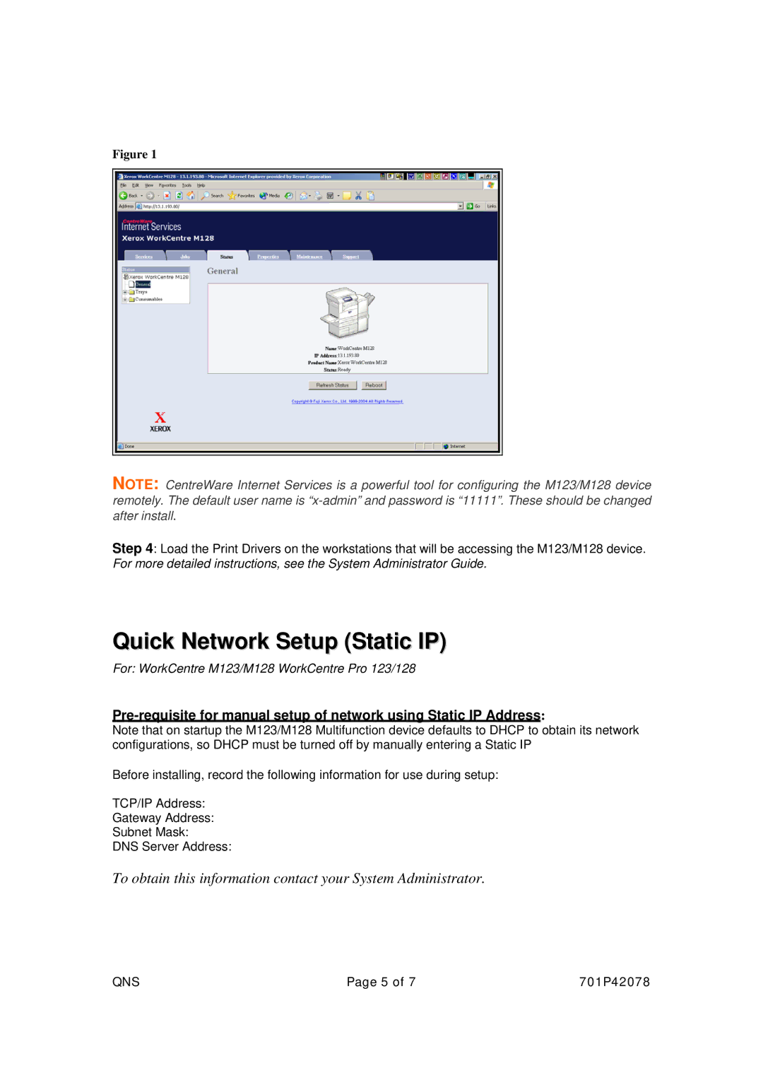 Xerox M128, M123 setup guide Quick Network Setup Static IP 