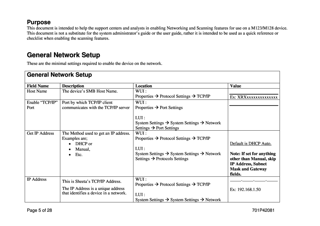 Xerox M123/M128 manual General Network Setup, Purpose 
