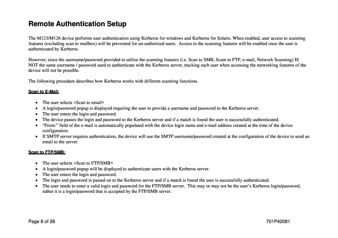 Xerox M123/M128 manual Remote Authentication Setup, Page 8 of 