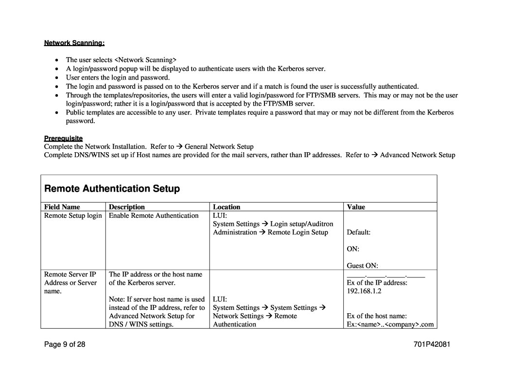 Xerox M123/M128 manual Remote Authentication Setup, Page 9 of 