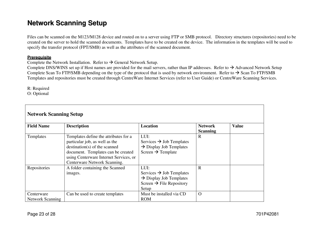 Xerox M123/M128 manual Network Scanning Setup, Field Name Description Location Network Value Scanning 