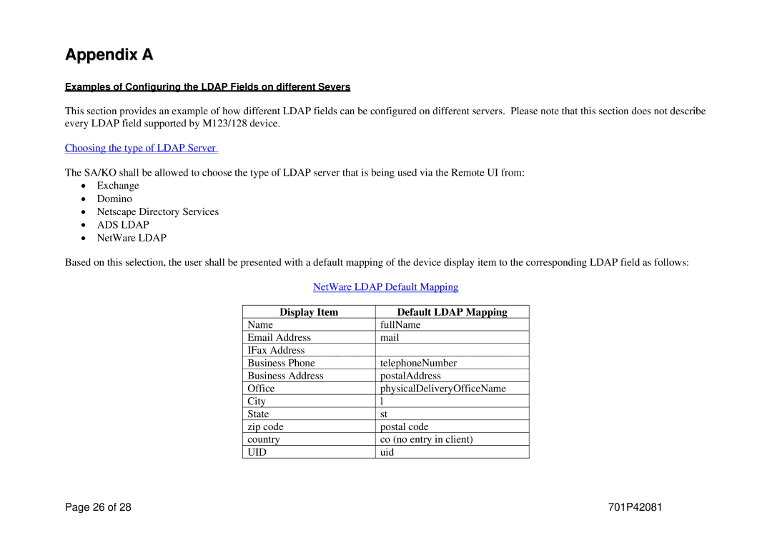 Xerox M123/M128 manual Appendix a, Display Item Default Ldap Mapping 