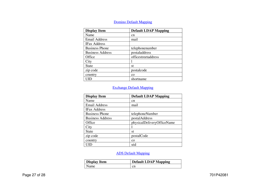 Xerox M123/M128 manual Domino Default Mapping 