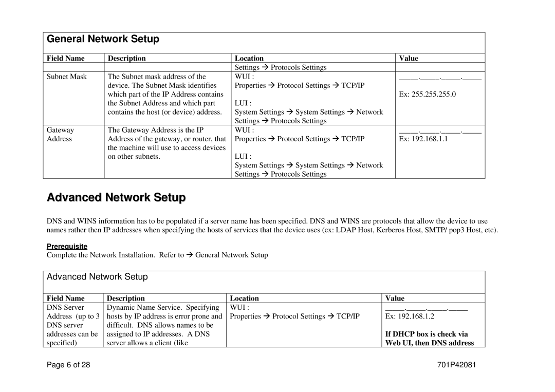 Xerox M123/M128 manual Advanced Network Setup, If Dhcp box is check via, Web UI, then DNS address 