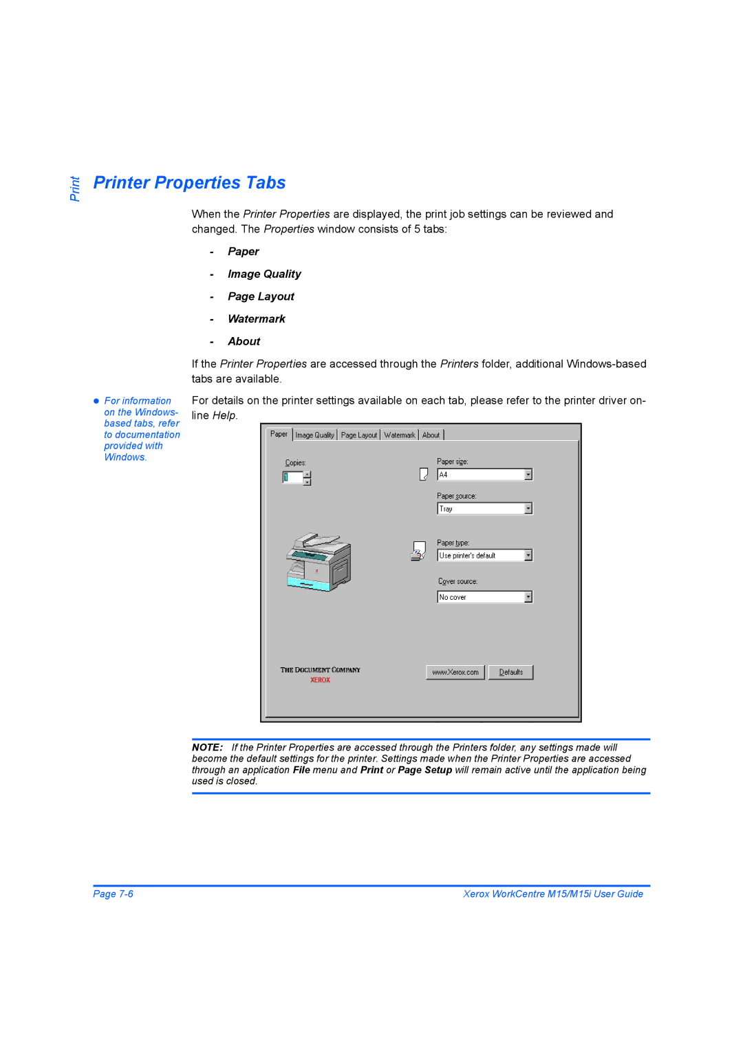 Xerox M15 manual Printer Properties Tabs, Paper Image Quality Layout Watermark About 