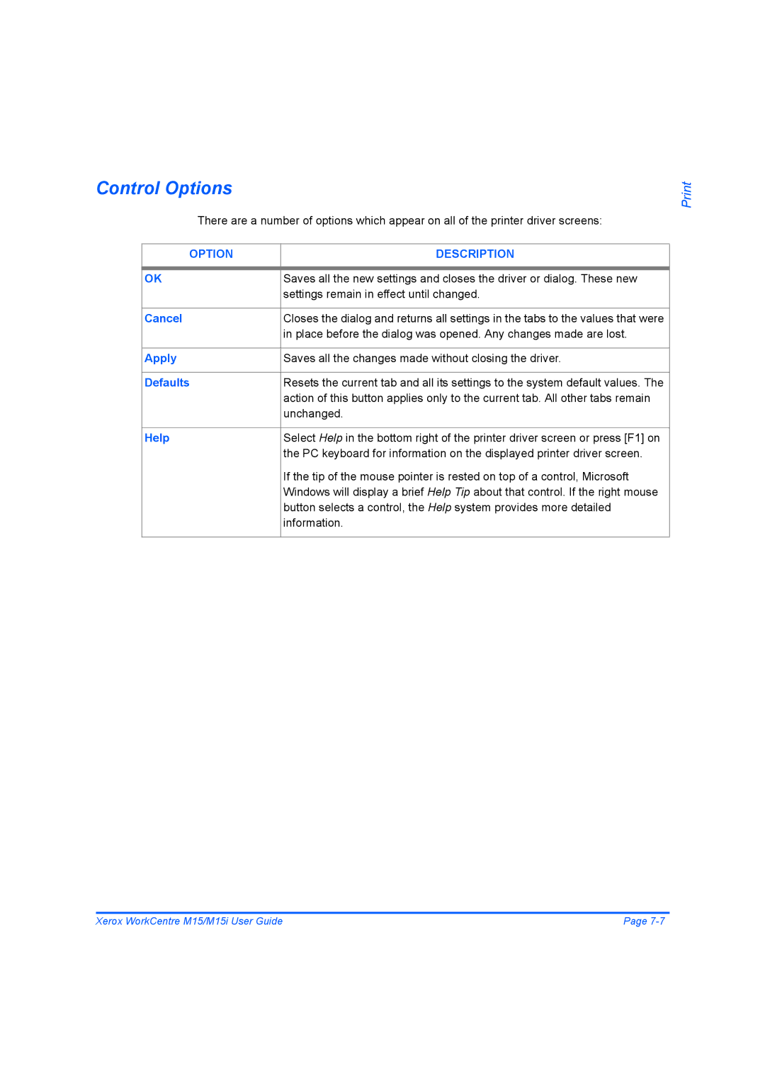 Xerox M15 manual Control Options, Cancel, Apply, Defaults, Help 