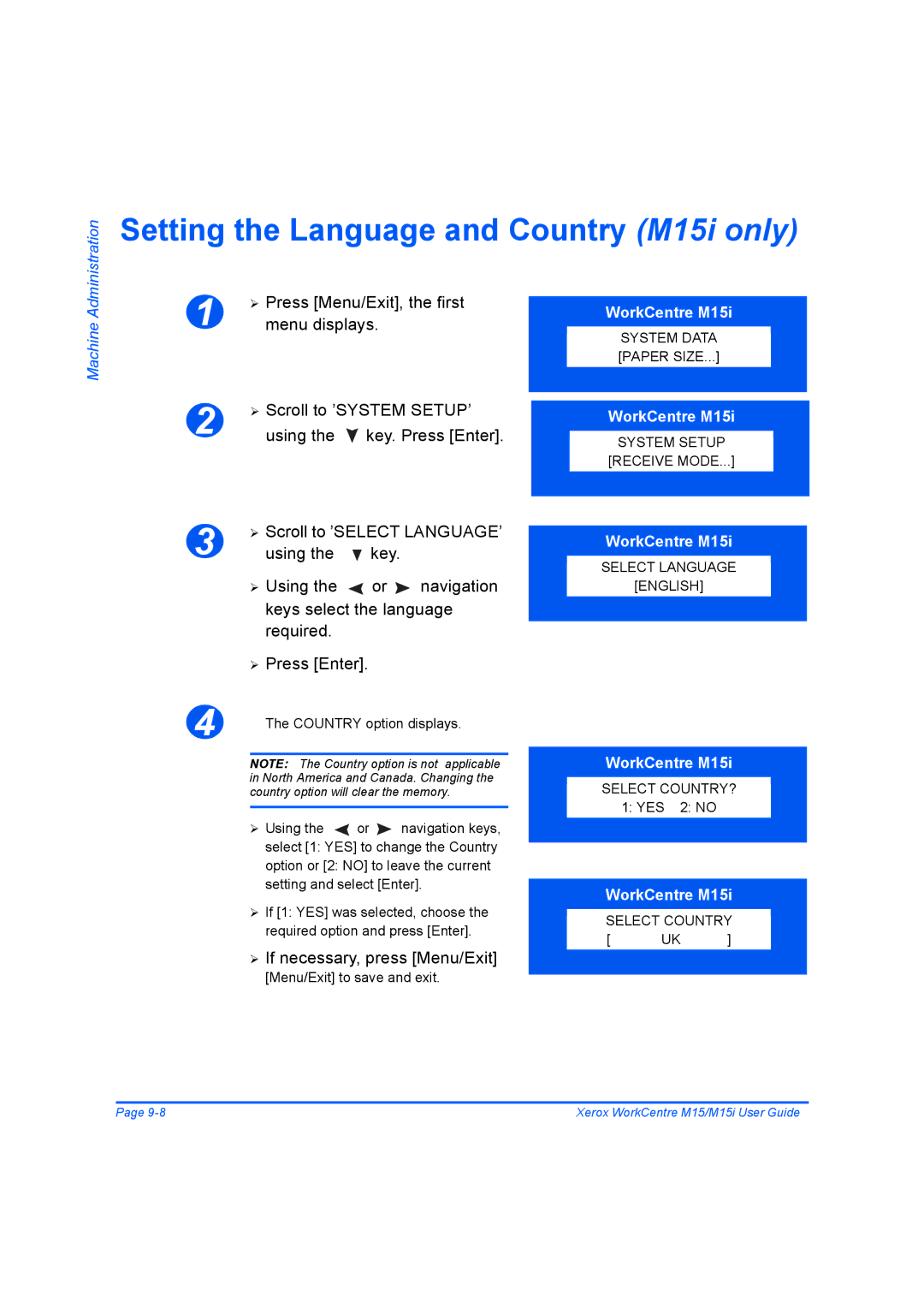 Xerox manual Setting the Language and Country M15i only 