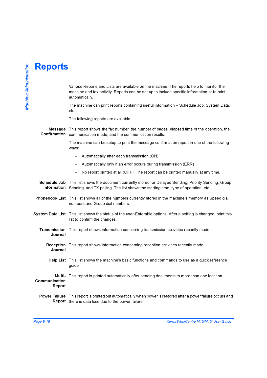 Xerox M15 manual Reports, Message Confirmation 