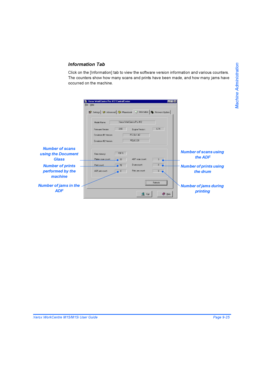 Xerox M15 manual Information Tab, Using the Document ADF Glass Number of prints, Performed by Drum, Printing 