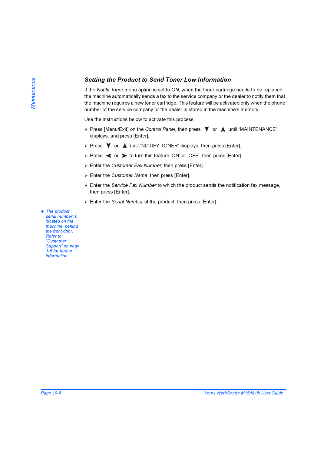 Xerox M15 manual Setting the Product to Send Toner Low Information 