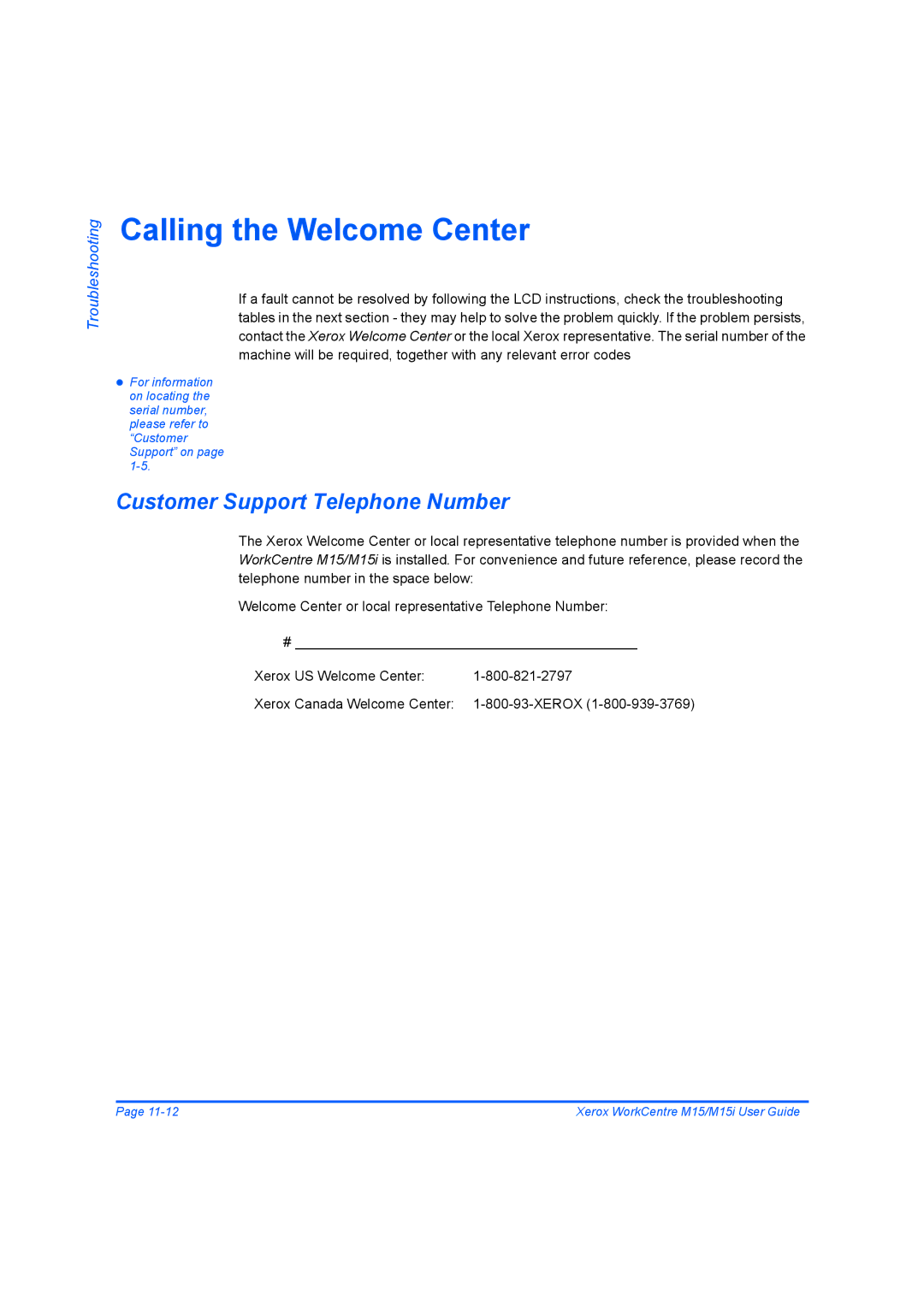 Xerox M15 manual Calling the Welcome Center, Customer Support Telephone Number 