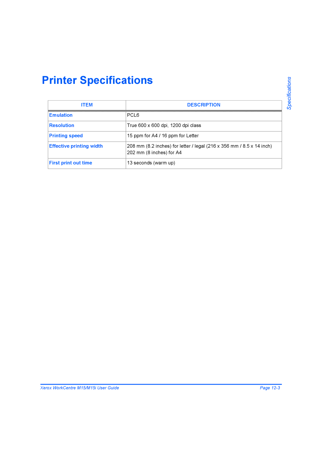 Xerox M15 manual Printer Specifications, Emulation 