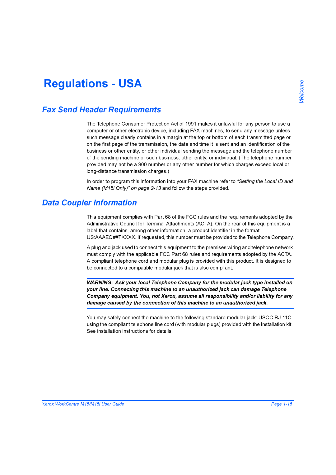 Xerox M15 manual Regulations USA, Fax Send Header Requirements, Data Coupler Information 