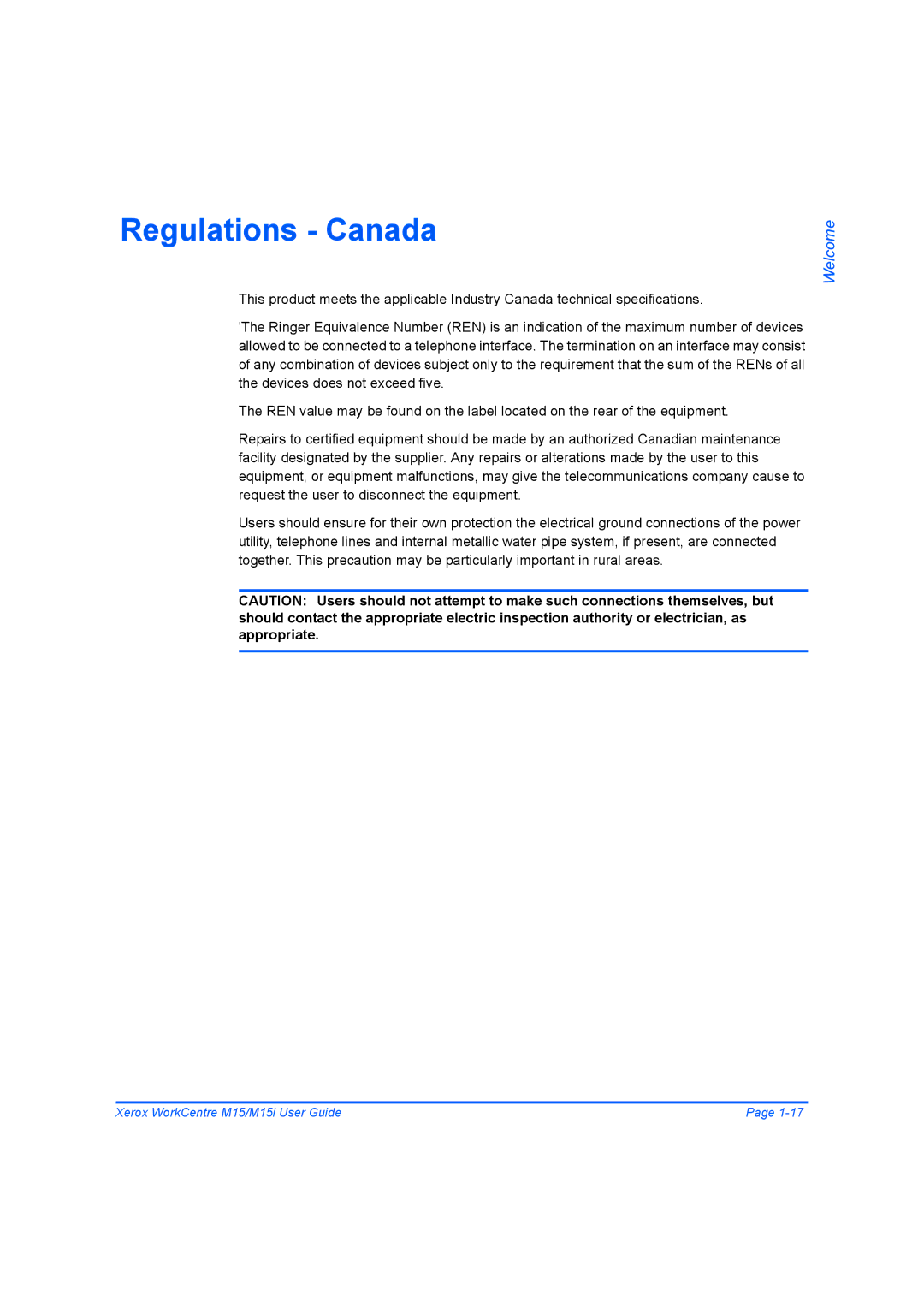 Xerox M15 manual Regulations Canada 