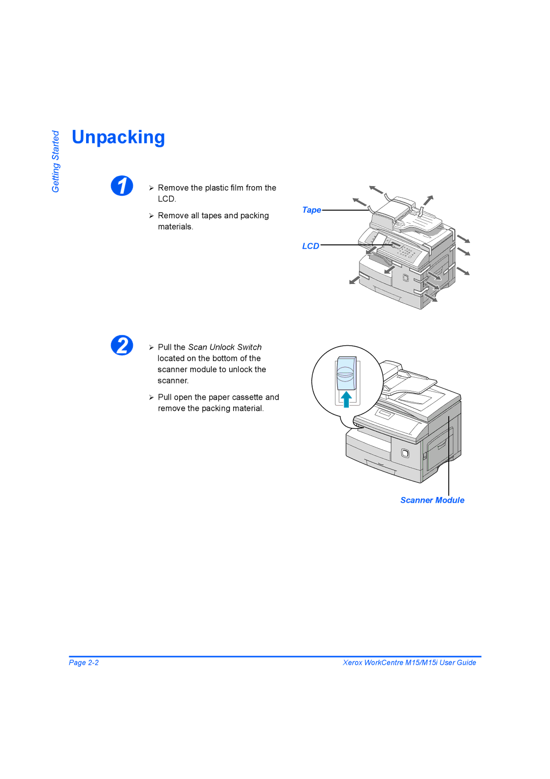 Xerox M15 manual Unpacking, Tape, Scanner Module 