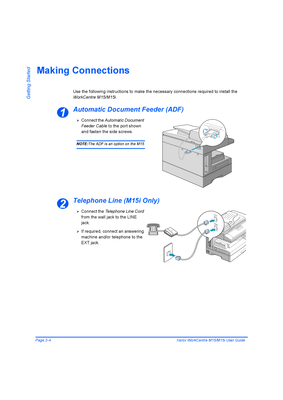 Xerox manual Making Connections, Automatic Document Feeder ADF, Telephone Line M15i Only 