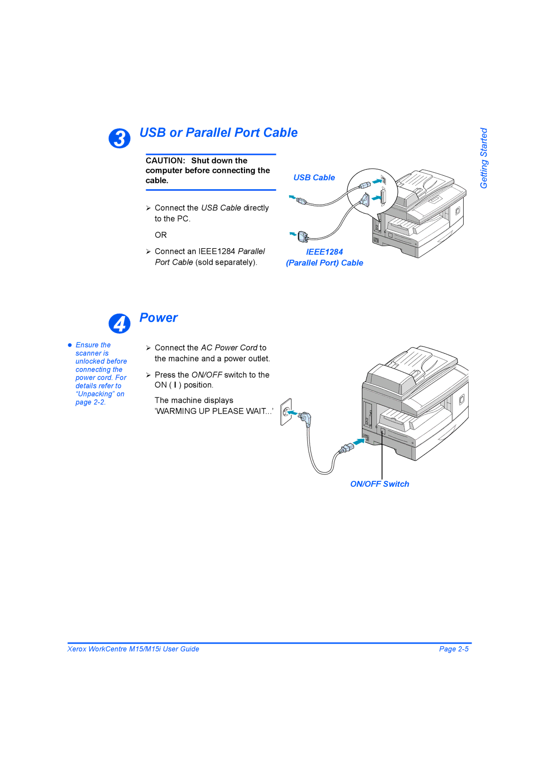 Xerox M15 manual USB or Parallel Port Cable, Power, USB Cable IEEE1284 Parallel Port Cable, ON/OFF Switch 