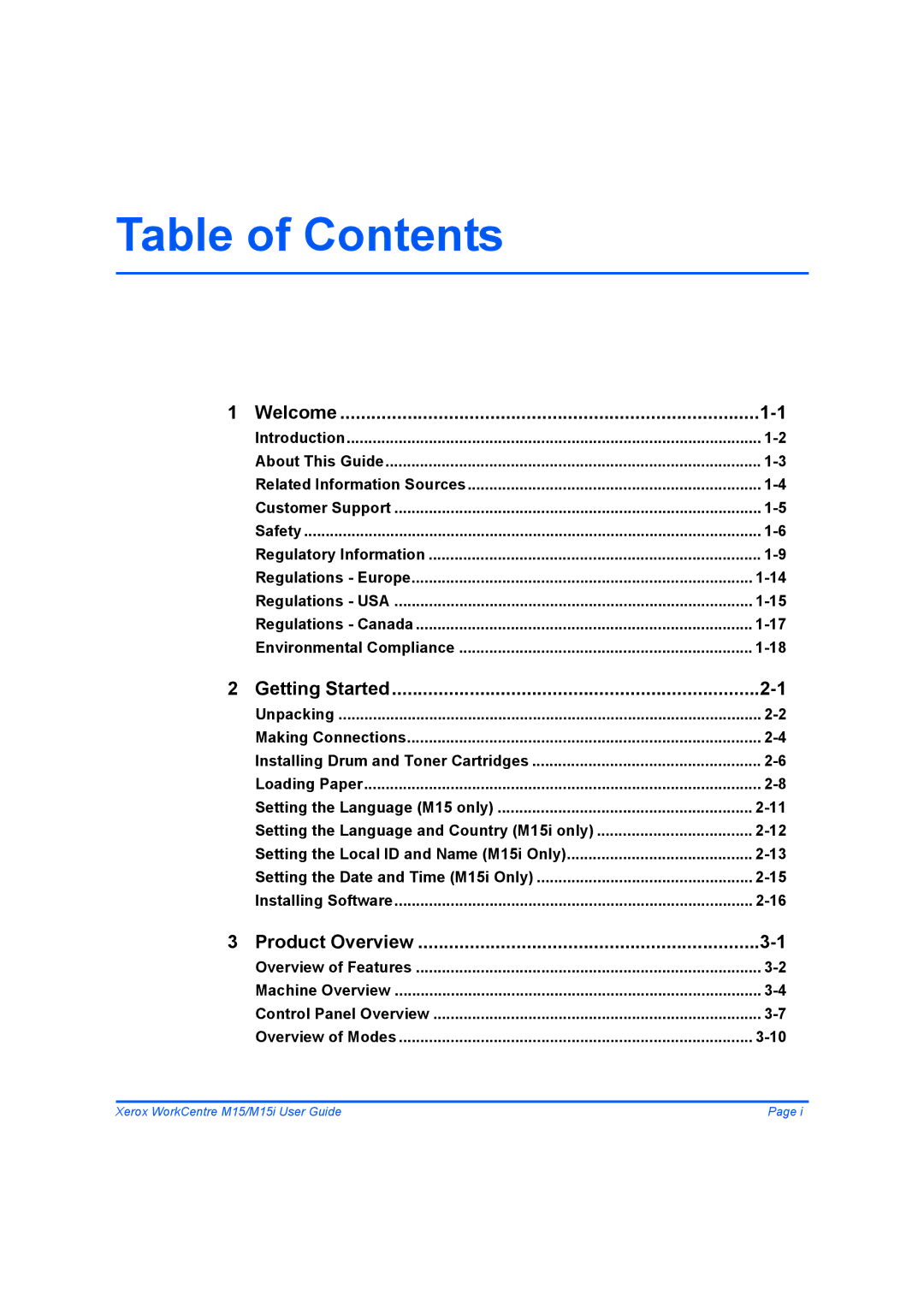 Xerox M15 manual Table of Contents 