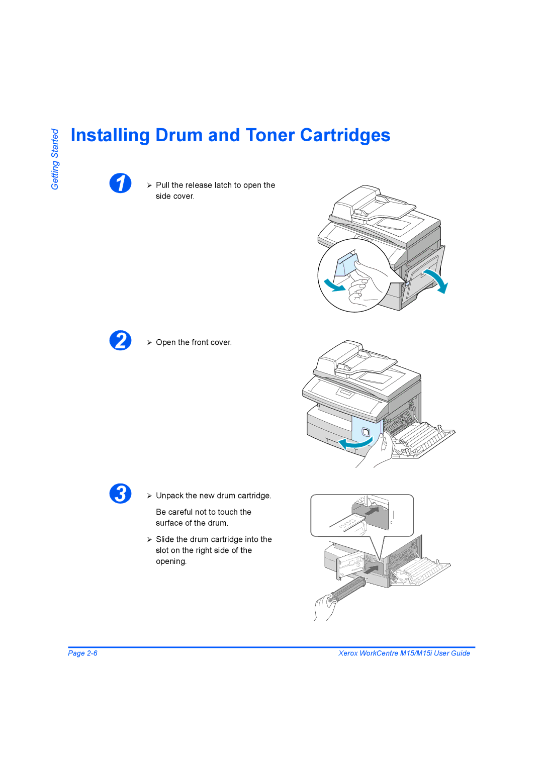 Xerox M15 manual Installing Drum and Toner Cartridges 