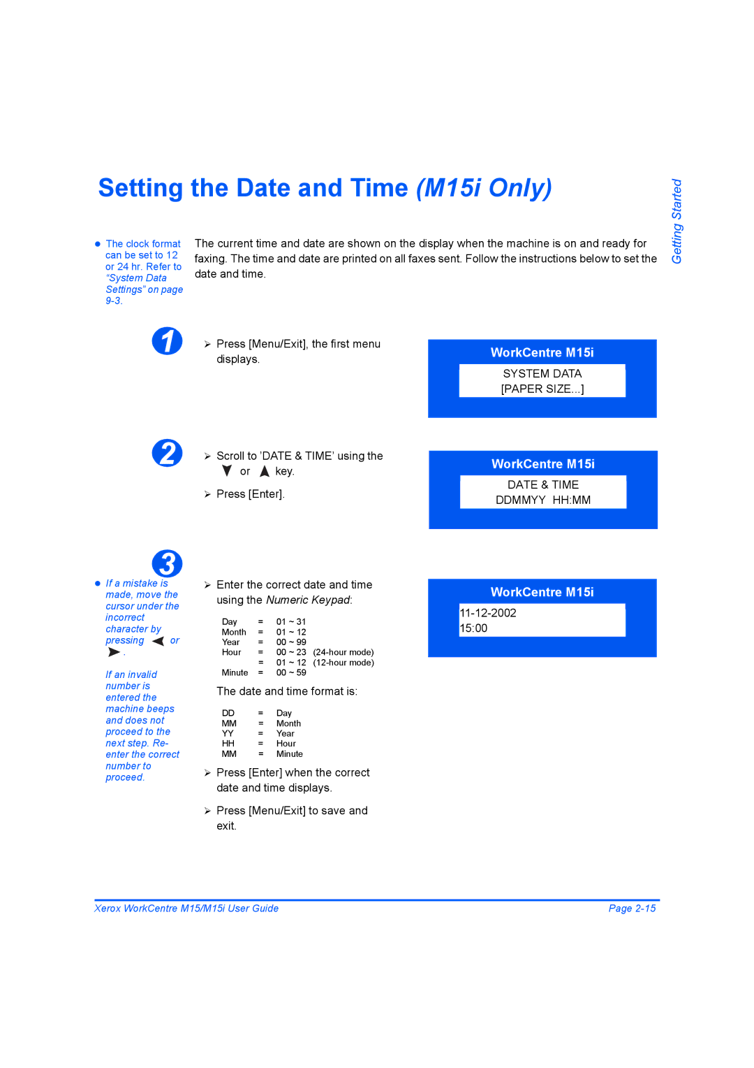 Xerox manual Setting the Date and Time M15i Only 