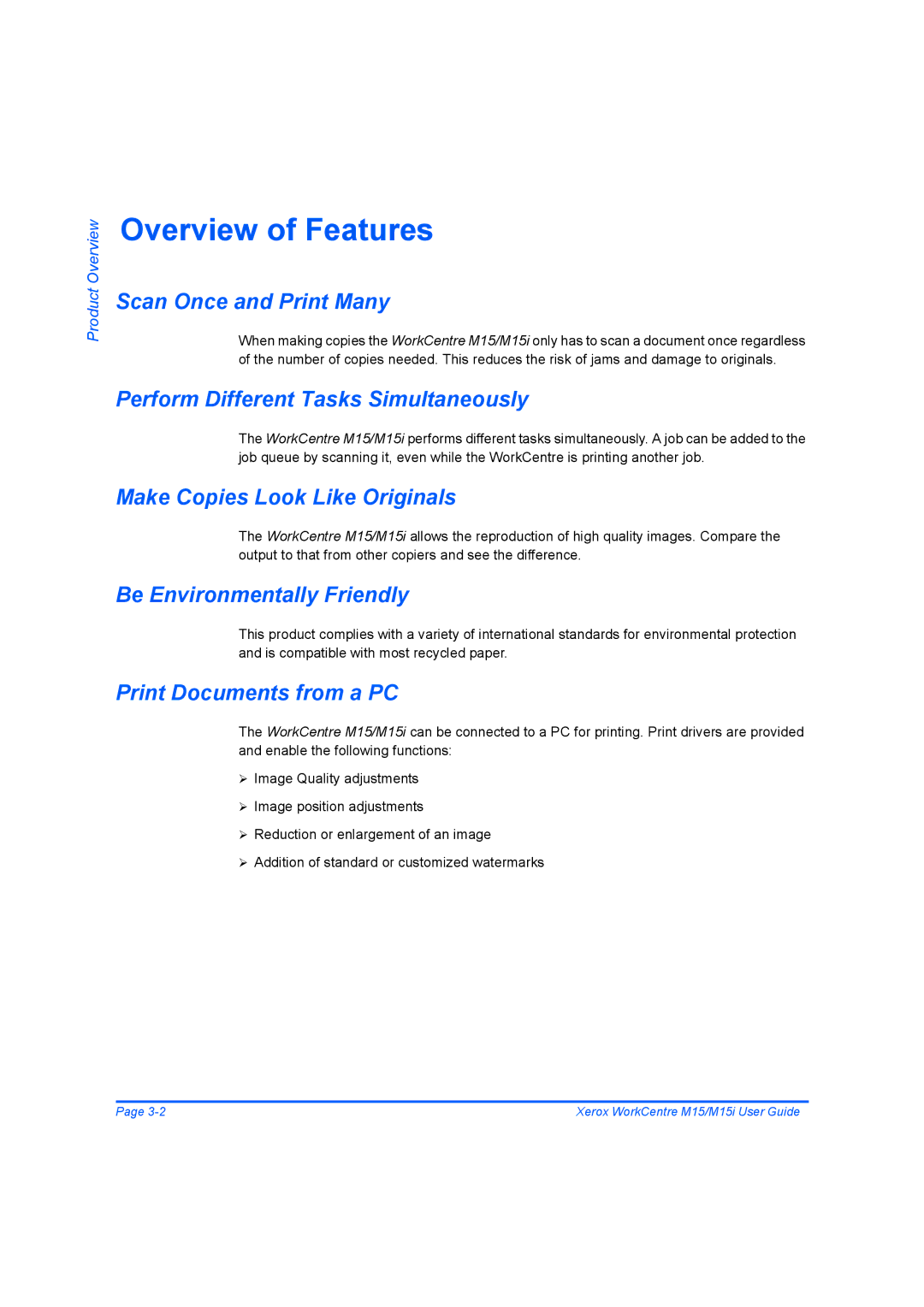 Xerox M15 manual Overview of Features 