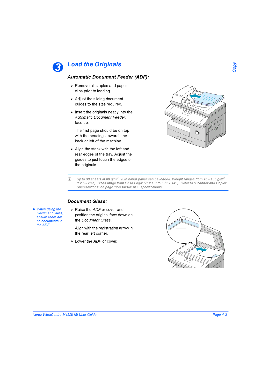 Xerox M15 manual Load the Originals, Automatic Document Feeder ADF, Document Glass 