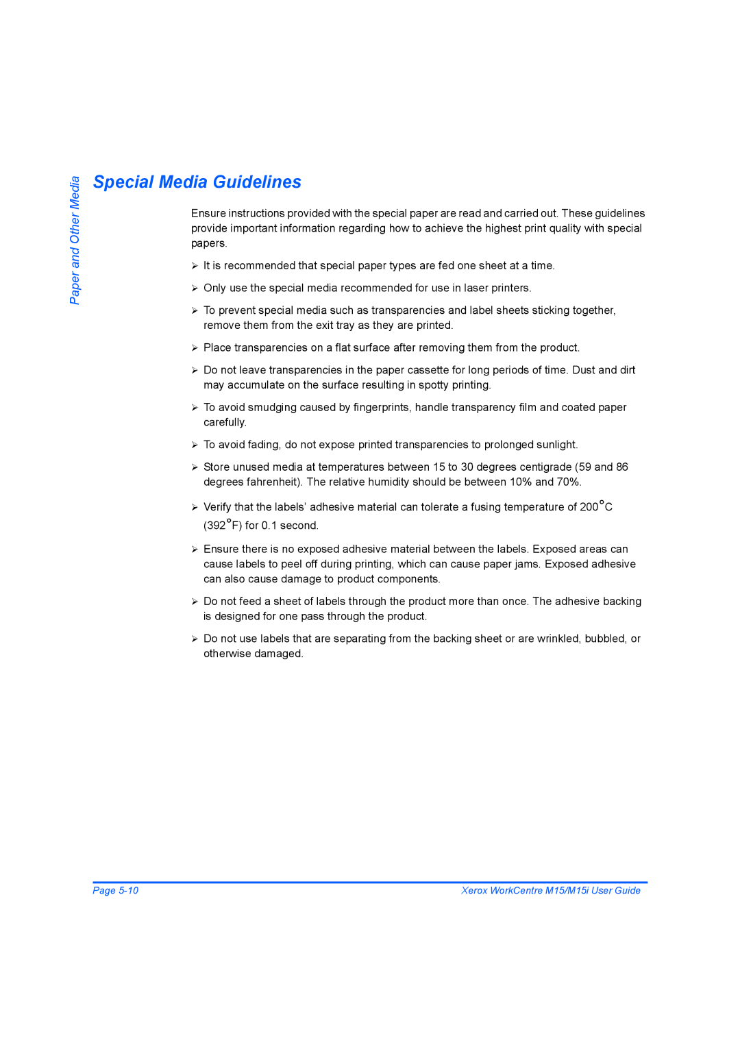 Xerox M15 manual Special Media Guidelines 