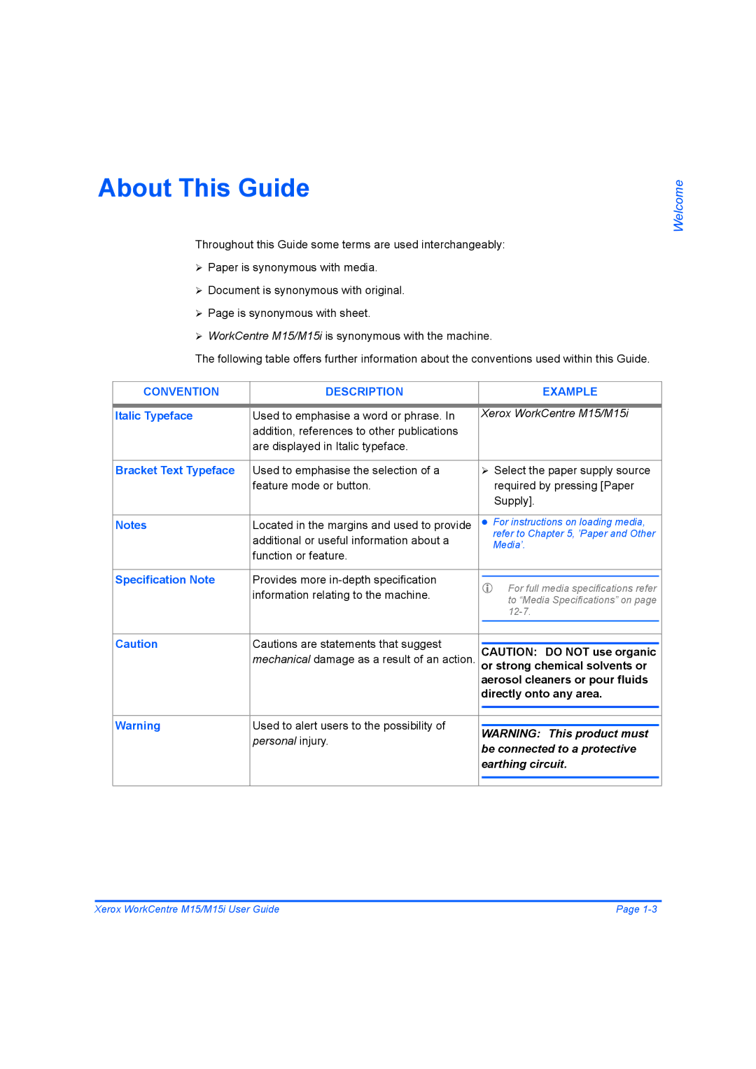 Xerox M15 manual About This Guide, Italic Typeface, Bracket Text Typeface, Specification Note 