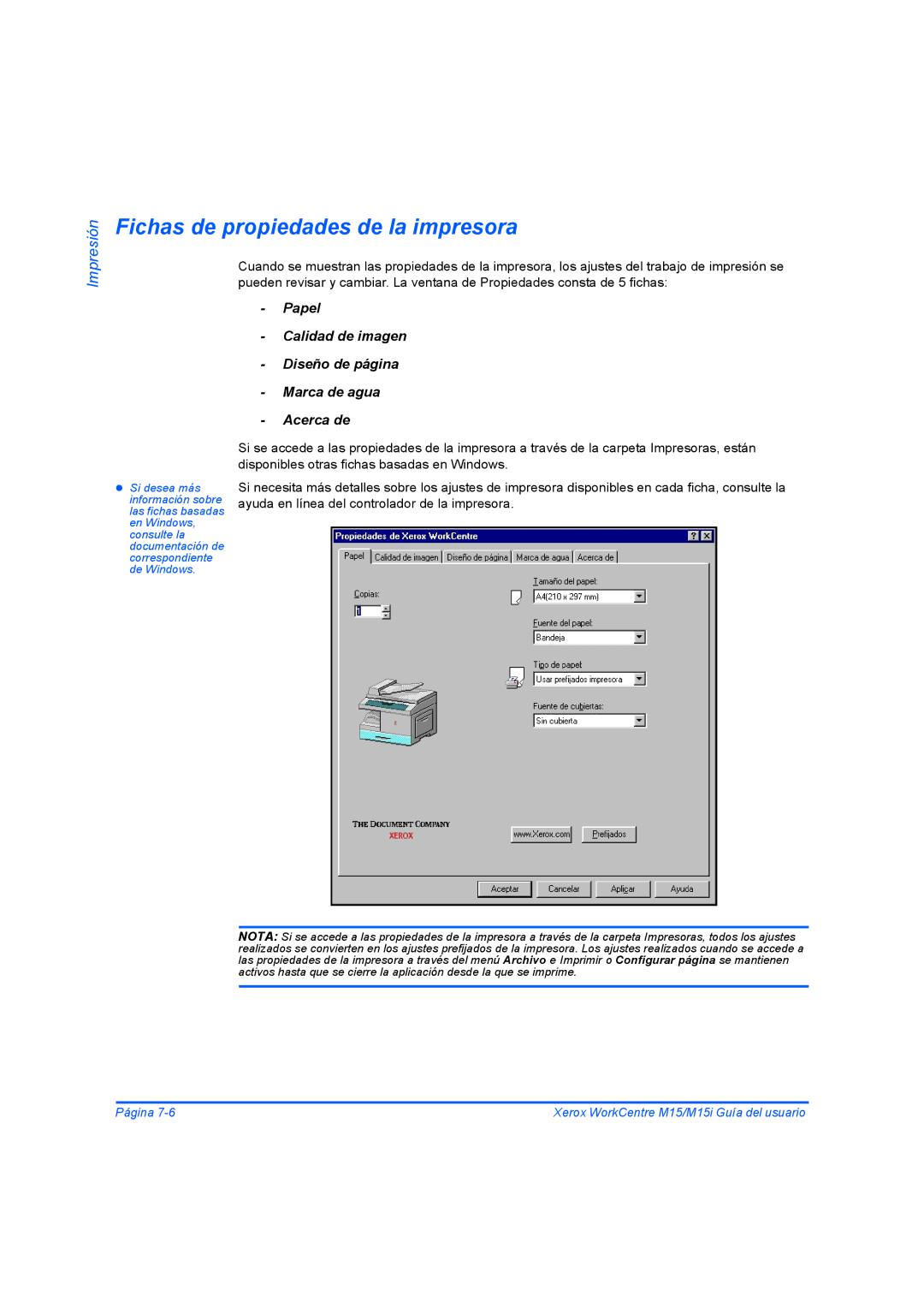 Xerox M15I manual Fichas de propiedades de la impresora 