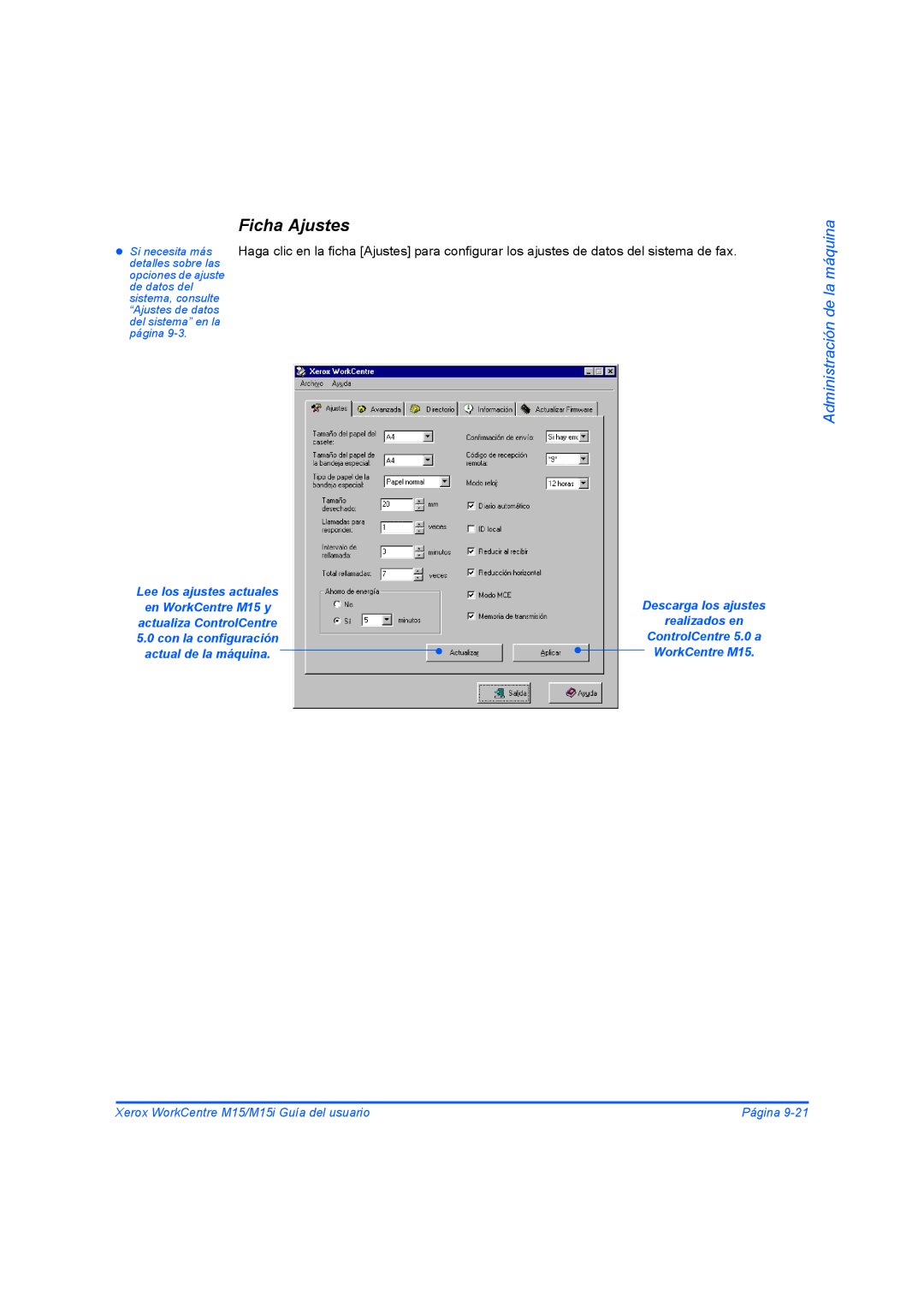 Xerox M15I manual Ficha Ajustes 