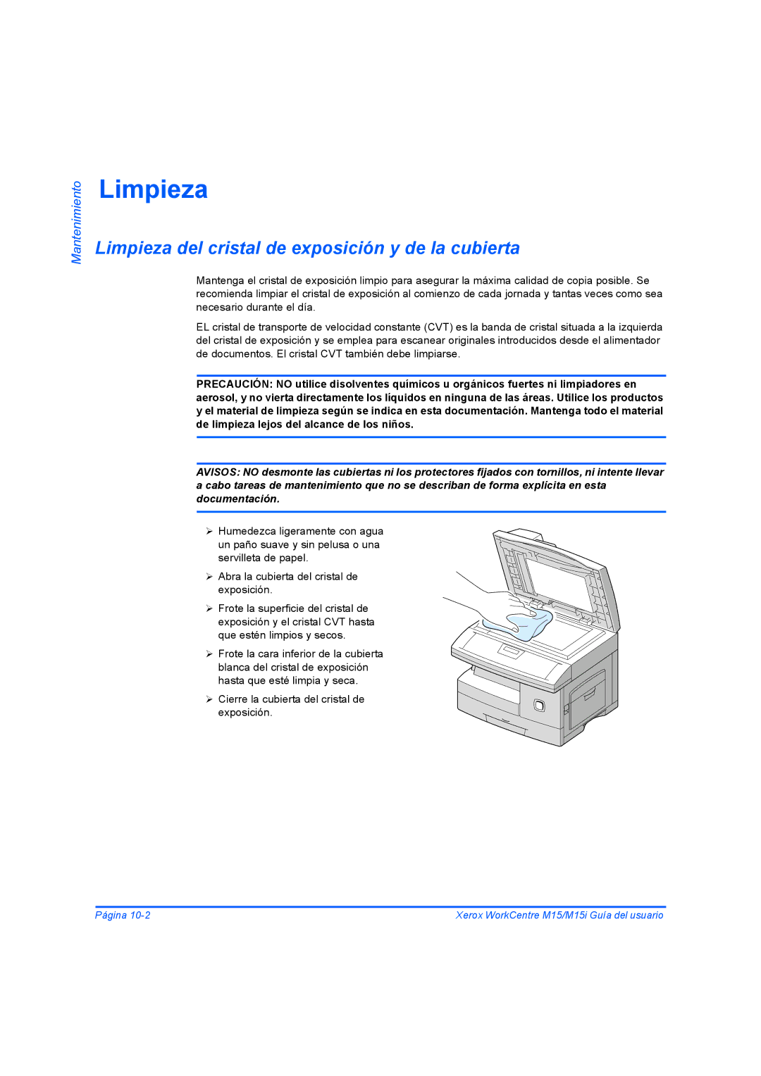 Xerox M15I manual Limpieza del cristal de exposición y de la cubierta, Mantenimiento 