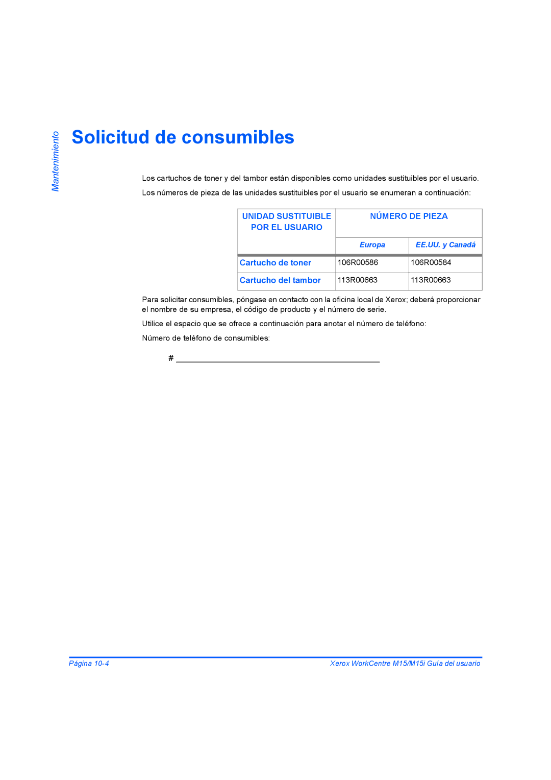 Xerox M15I manual Solicitud de consumibles, Unidad Sustituible Número DE Pieza POR EL Usuario, Cartucho de toner 