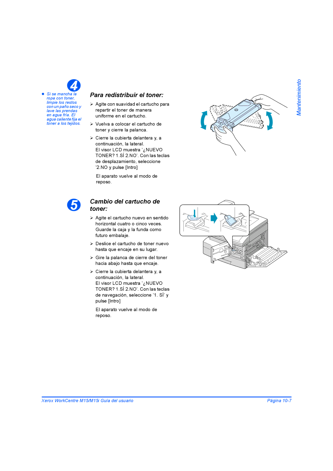 Xerox M15I manual Para redistribuir el toner, Cambiotoner del cartucho de 