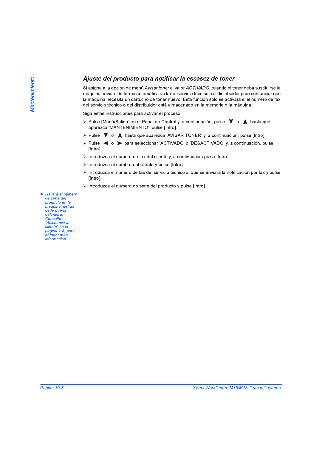 Xerox M15I manual Ajuste del producto para notificar la escasez de toner 