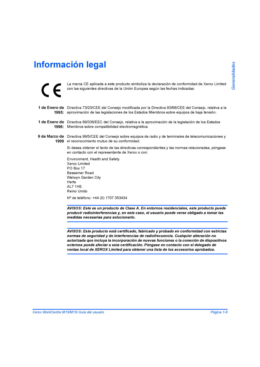 Xerox M15I manual Información legal 