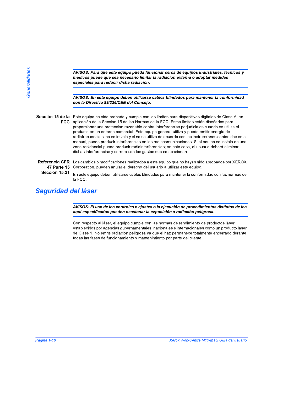 Xerox M15I manual Seguridad del láser, Fcc 