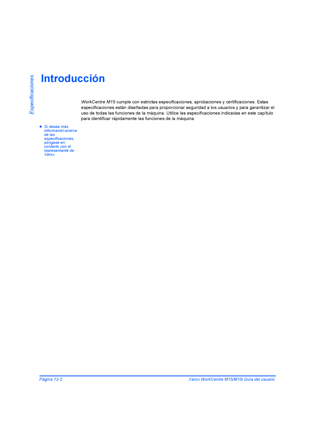 Xerox M15I manual Introducción, Especificaciones 