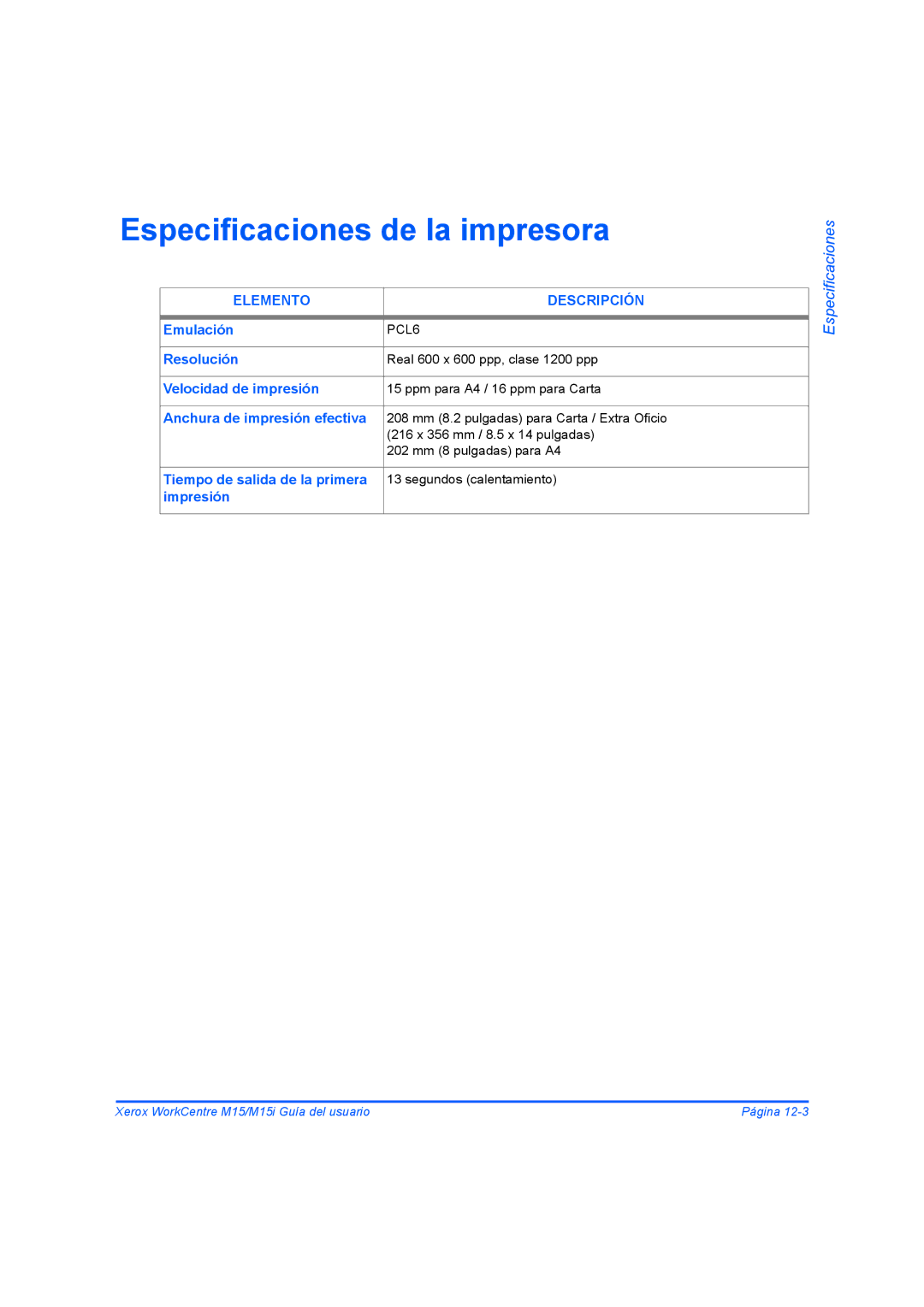 Xerox M15I manual Especificaciones de la impresora 