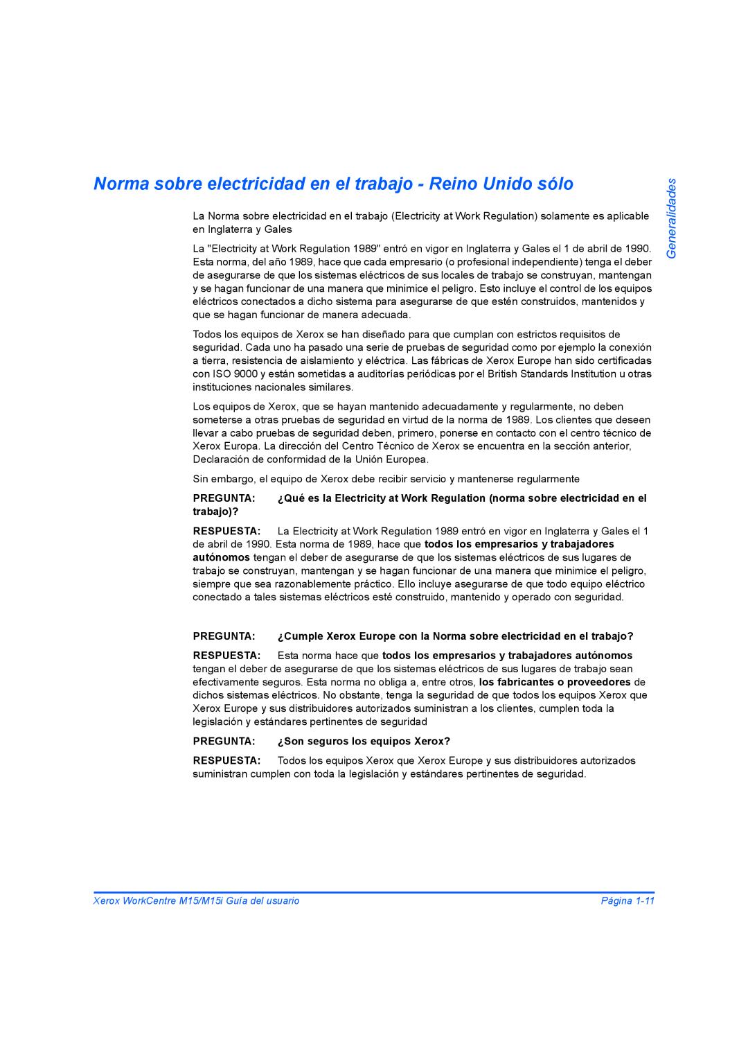 Xerox M15I manual Norma sobre electricidad en el trabajo Reino Unido sólo, Pregunta 