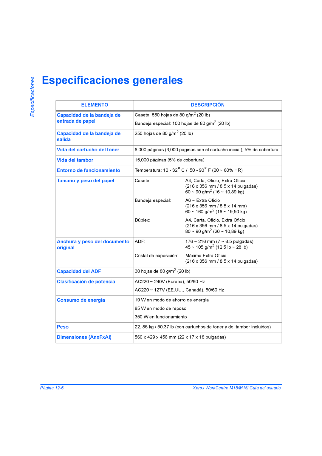 Xerox M15I manual Especificaciones generales 