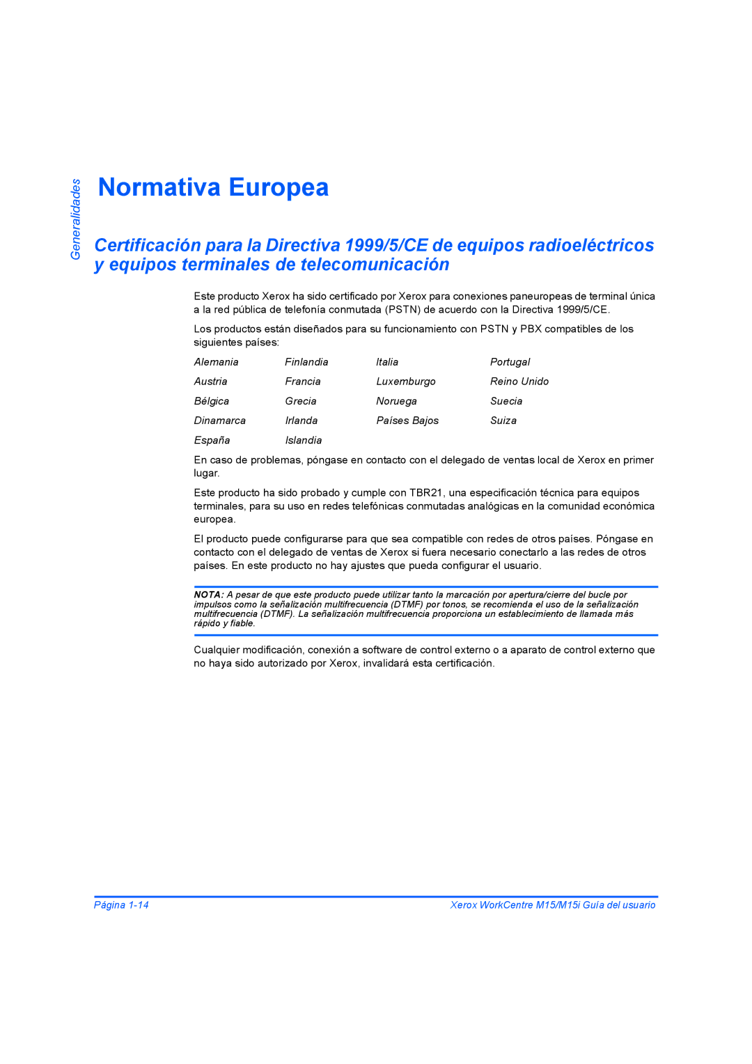 Xerox M15I manual Normativa Europea 