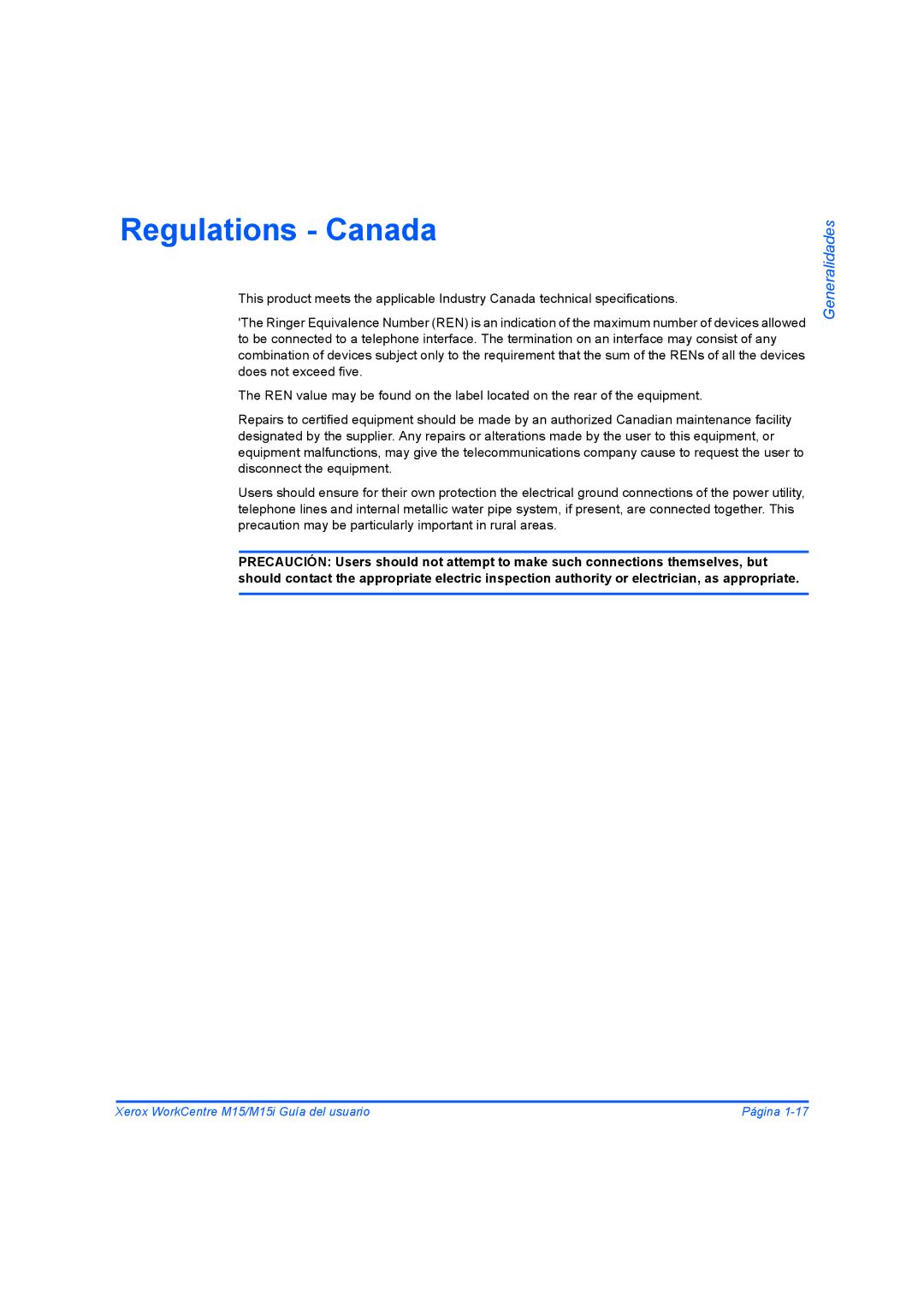 Xerox M15I manual Regulations Canada 