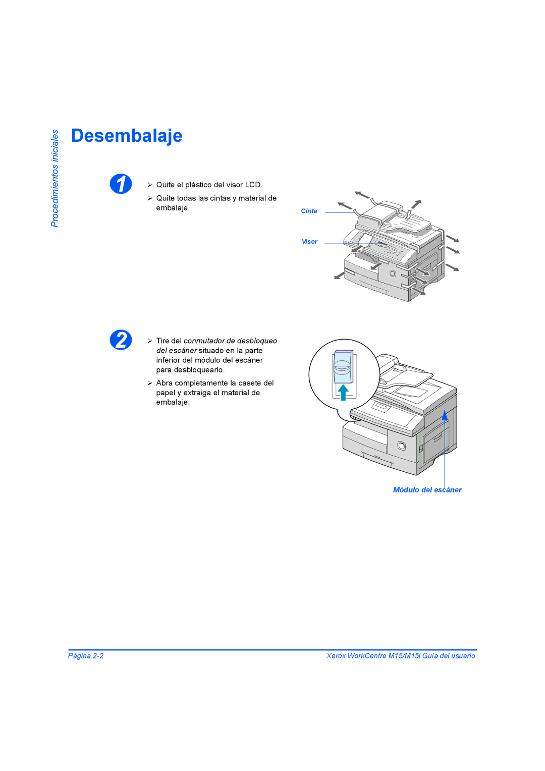 Xerox M15I manual Desembalaje, Procedimientos iniciales 